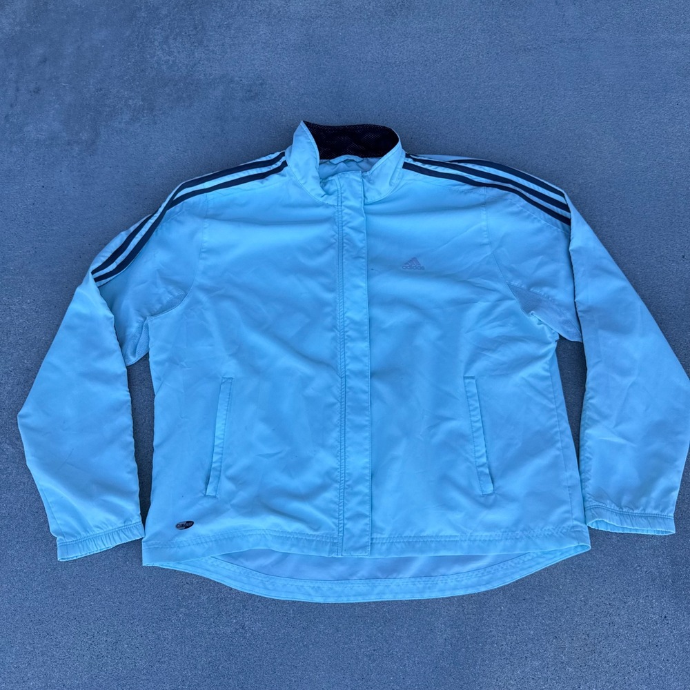 Adidas ClimaProof Windbreaker Jacket Women XL Light Blue Full Zip 3 Stripe - Picture 1 of 9